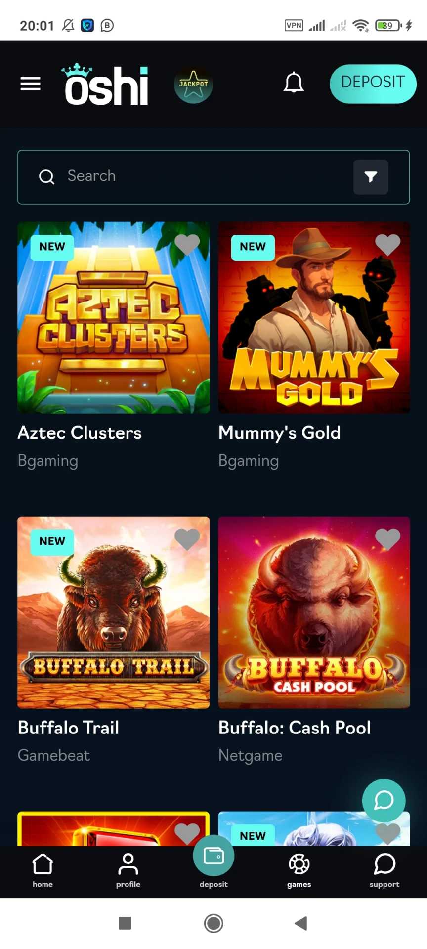 Visit the games page of the Oshi Casino app.