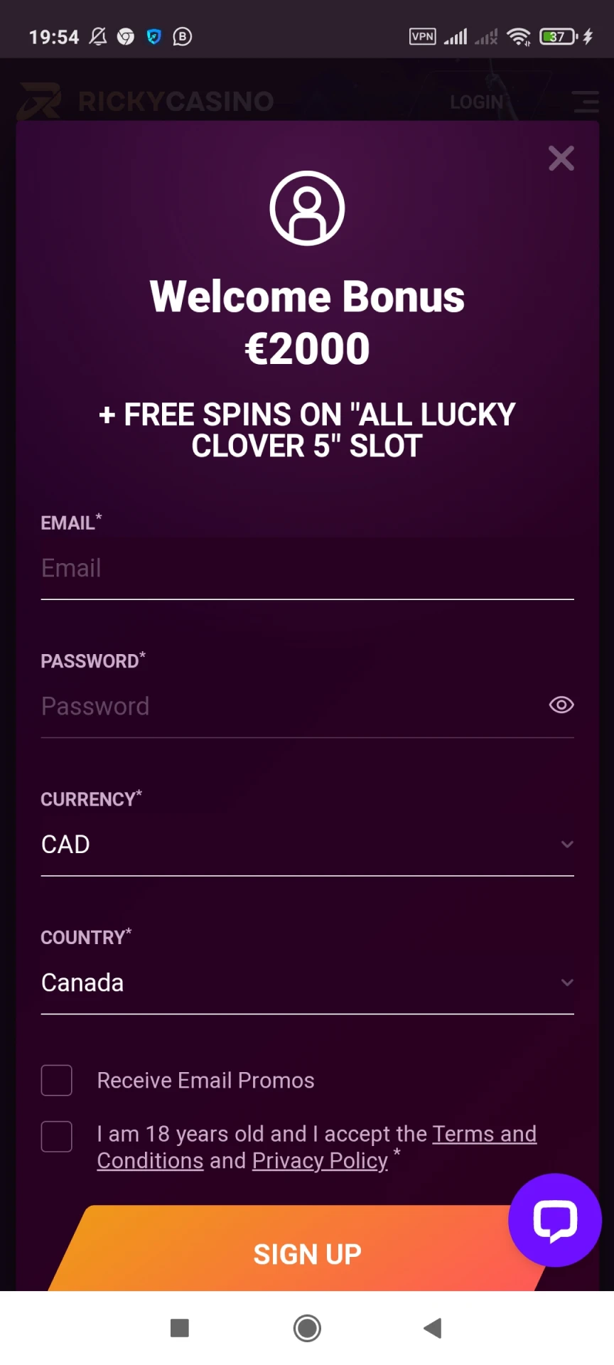 Visit the Ricky Casino app registration page.