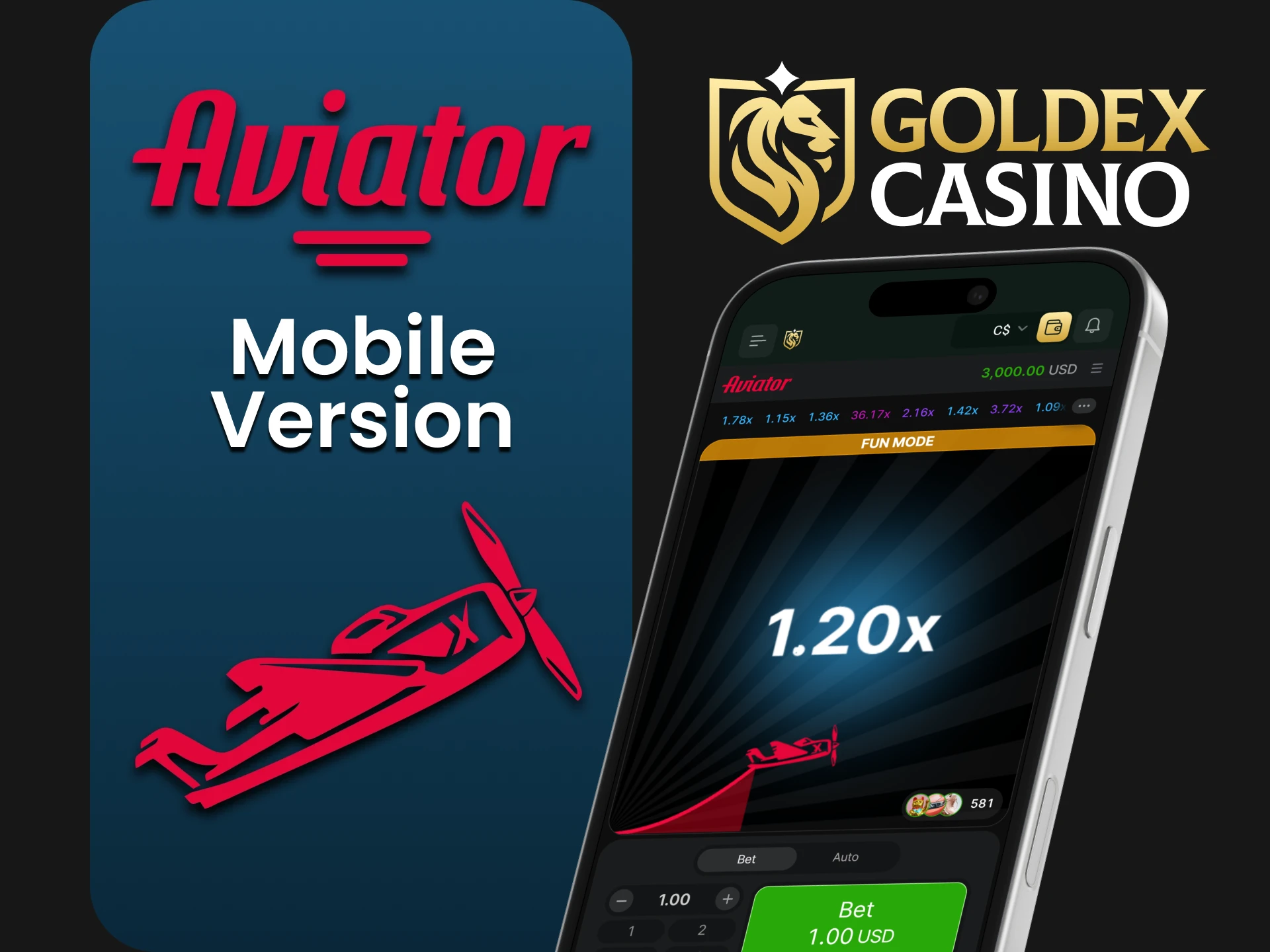 Use the mobile version of Goldex Casino to play Aviator.