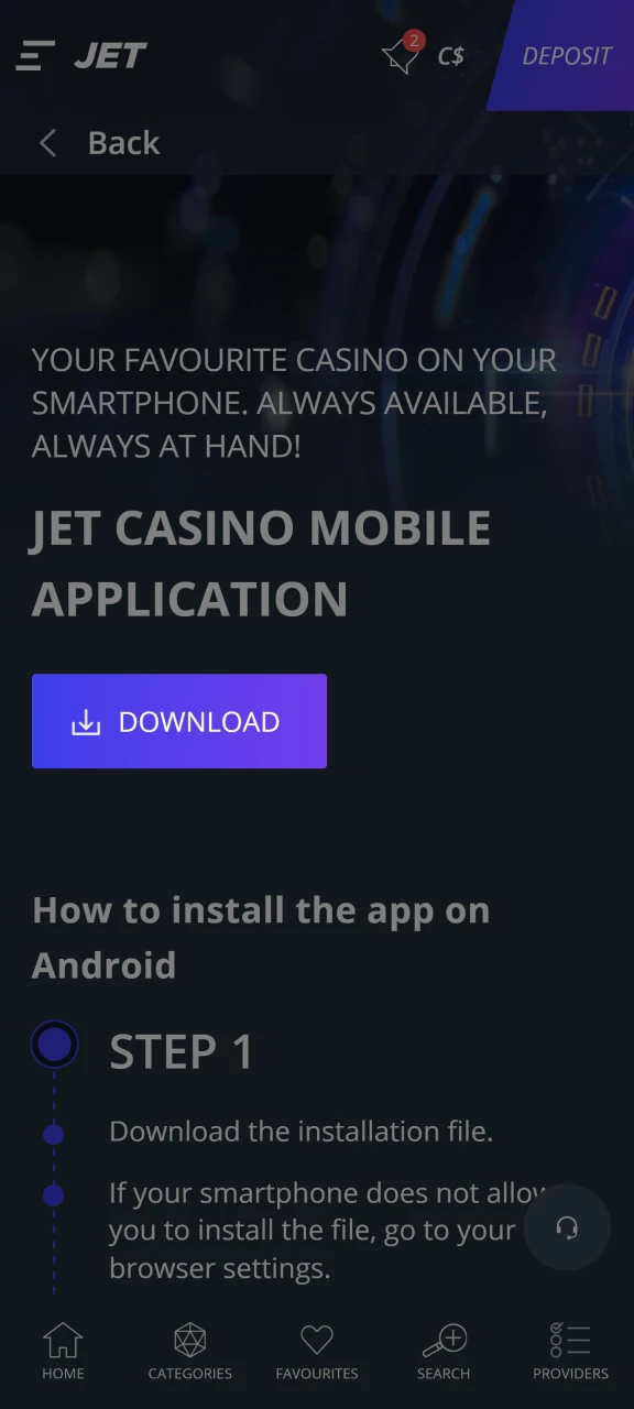 Download the Jet Casino APK file to your Android device.