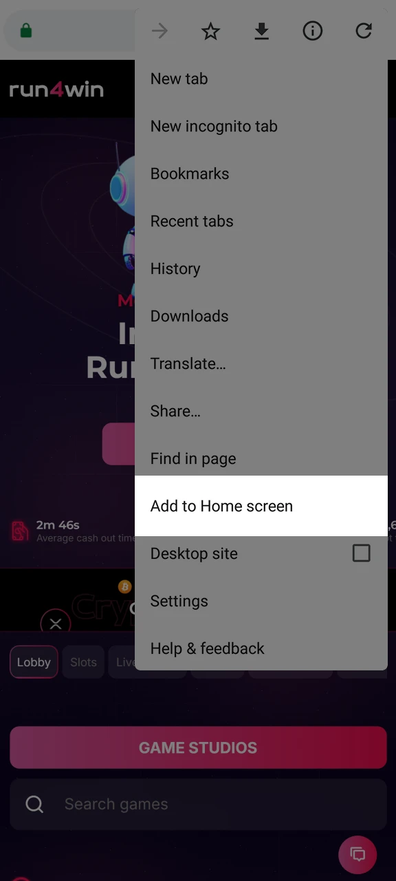 Select the Add to Home Screen option to add the Run4win shortcut.