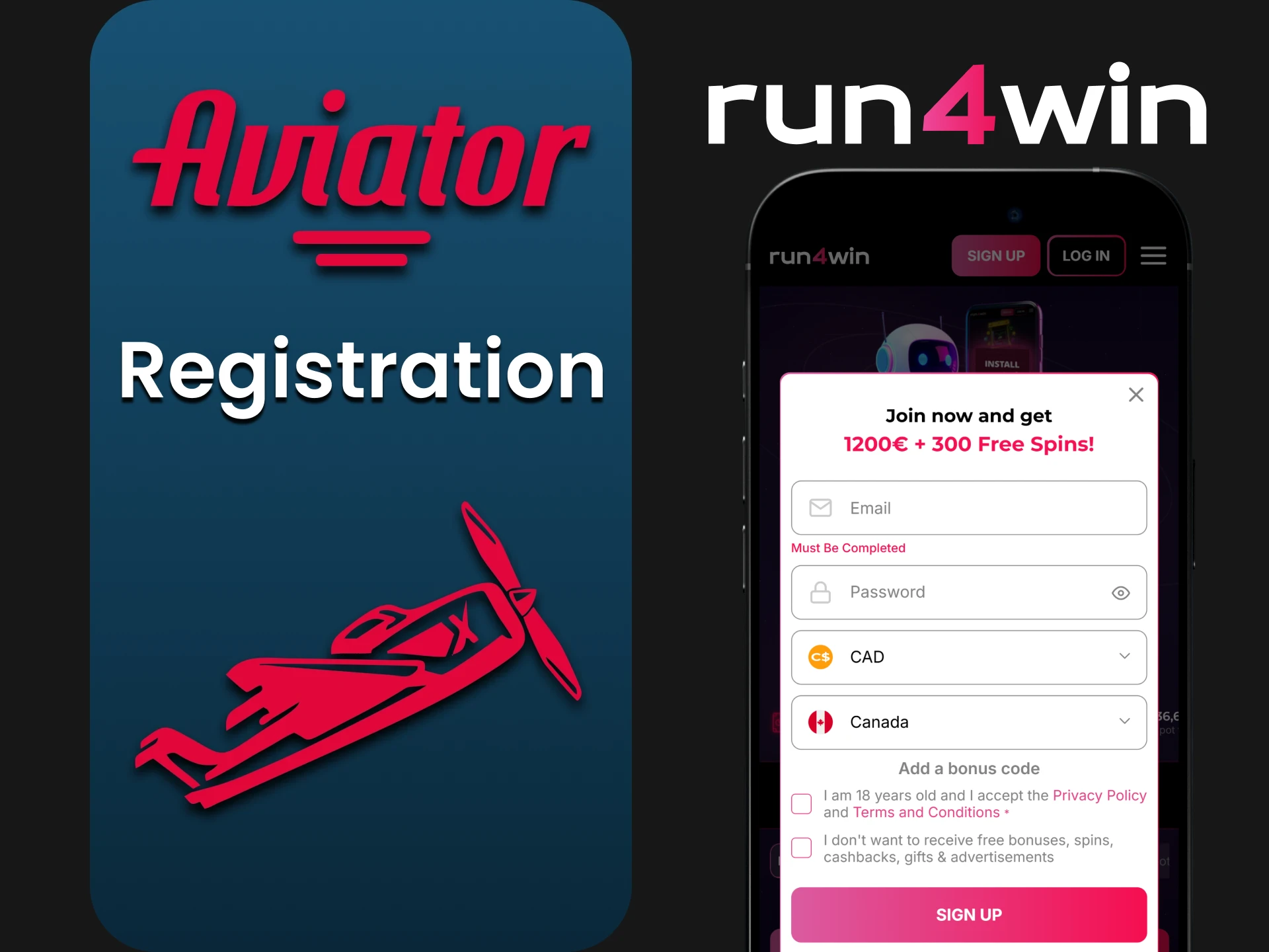 Sign up on Run4win to get access to all the platform features and the Aviator game.