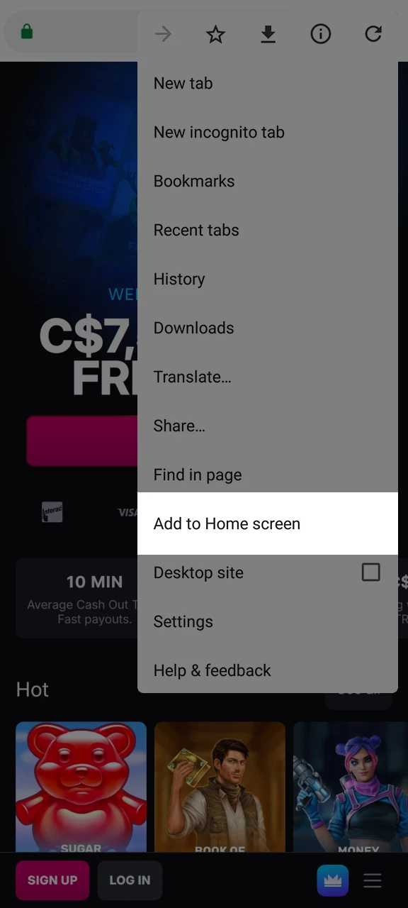 In the browser menu, select the Add to Home Screen option to add the Skycrown shortcut.