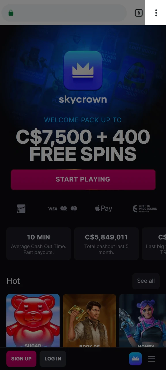 Open the browser menu to add the Skycrown shortcut.