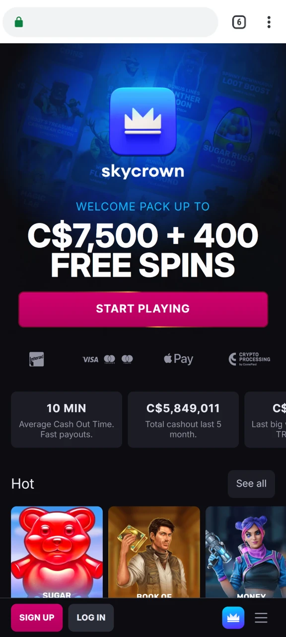 Open the Skycrown website on your Android device.