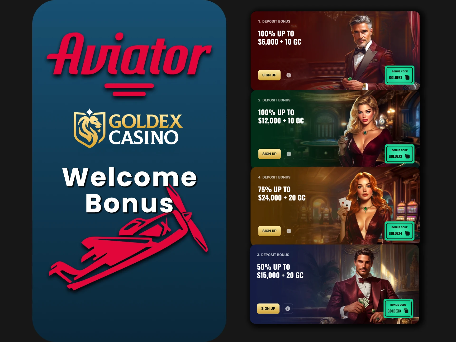Make a deposit and claim your welcome bonus for playing Aviator at Goldex Casino.